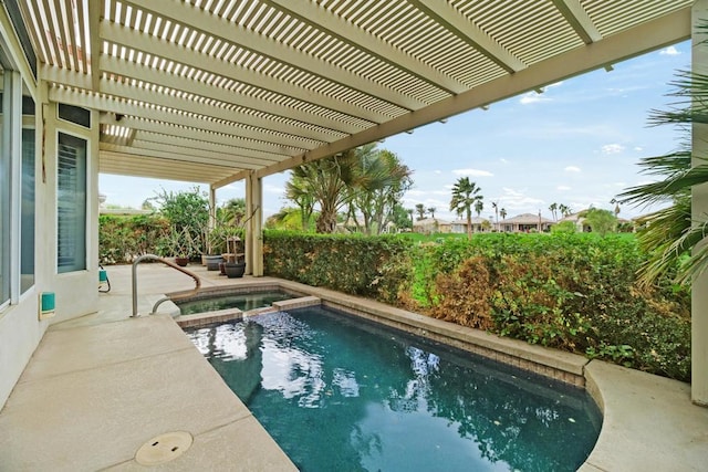 view of pool featuring a pergola, an in ground hot tub, and a patio