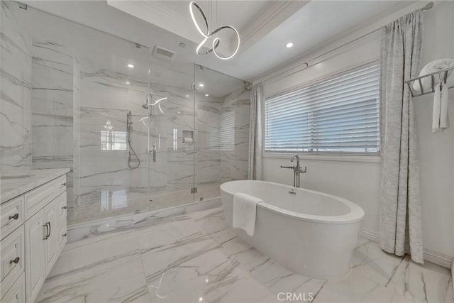 bathroom featuring vanity, ornamental molding, and plus walk in shower