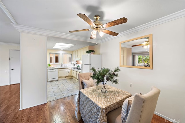 dining area featuring crown molding, ceiling fan, sink, and light wood-type flooring