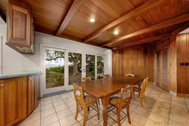 dining room with french doors, wooden ceiling, wood walls, and beamed ceiling