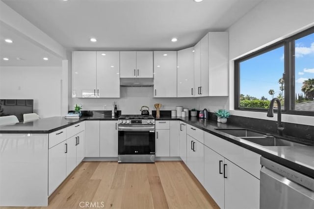 kitchen with kitchen peninsula, stainless steel appliances, white cabinets, light hardwood / wood-style flooring, and sink