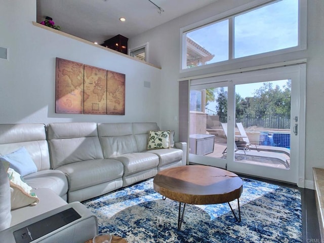 living room with wood-type flooring and a towering ceiling