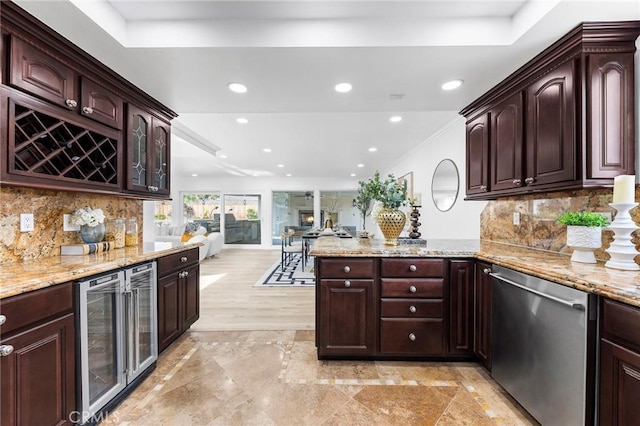 kitchen with light stone countertops, dishwasher, tasteful backsplash, and wine cooler