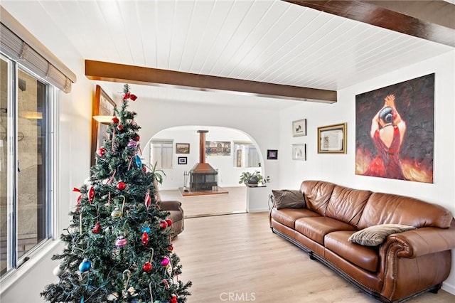 living room with beamed ceiling, light hardwood / wood-style flooring, plenty of natural light, a wood stove, and wooden ceiling