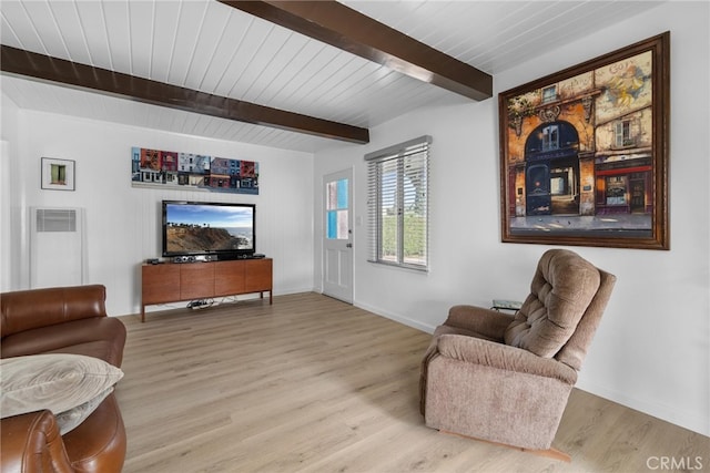 living room with wood ceiling, beamed ceiling, wood finished floors, and baseboards