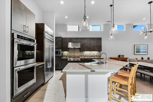 kitchen with tasteful backsplash, sink, built in appliances, dark brown cabinetry, and a kitchen island with sink