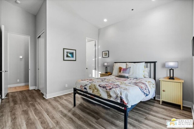 bedroom featuring wood-type flooring and high vaulted ceiling