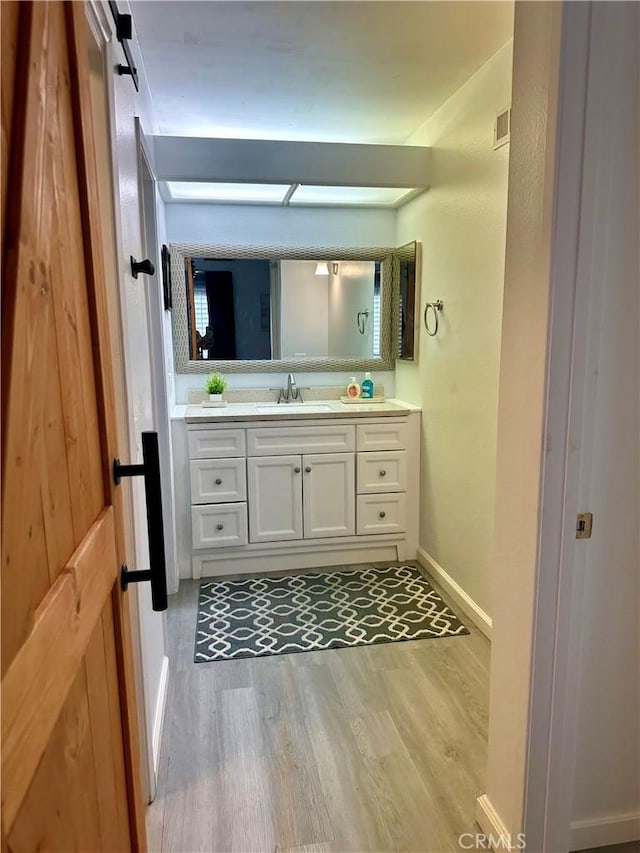 bathroom with vanity and wood-type flooring