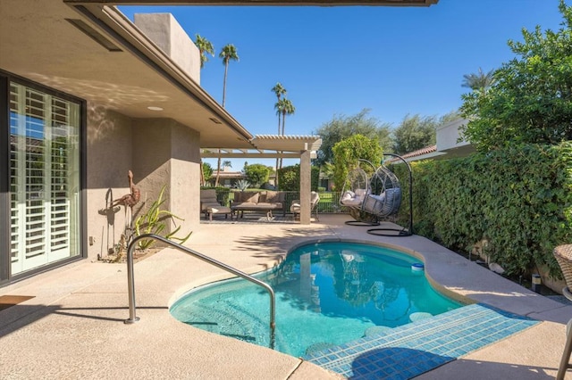 view of swimming pool featuring a pergola, a patio area, and outdoor lounge area