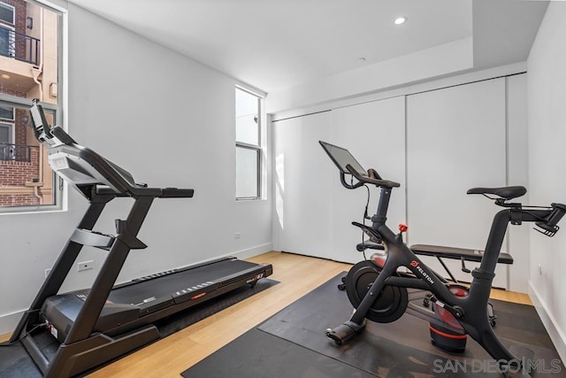 workout room with hardwood / wood-style flooring