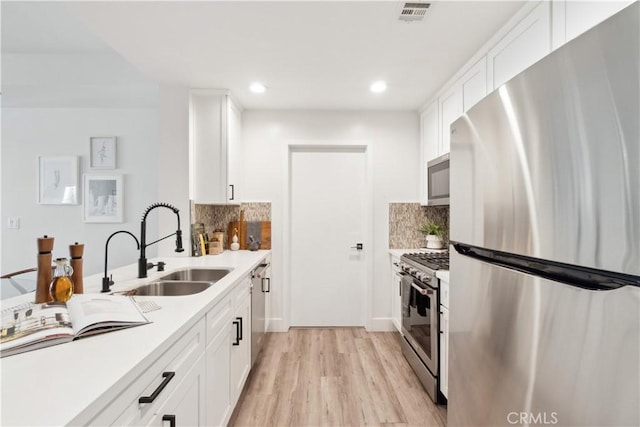 kitchen with white cabinets, stainless steel appliances, tasteful backsplash, light hardwood / wood-style floors, and sink