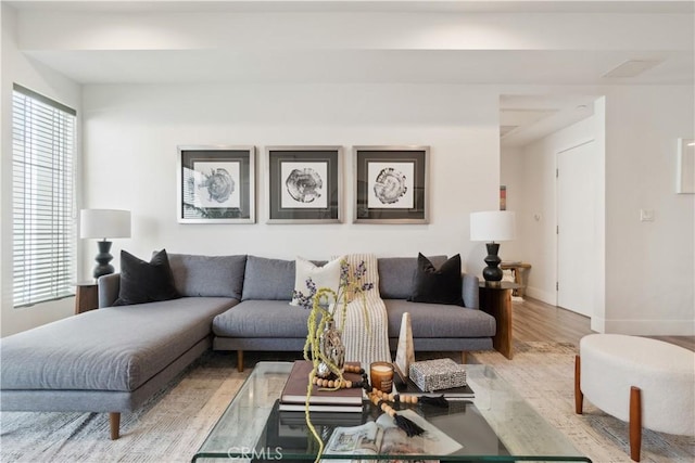 living room with light hardwood / wood-style flooring