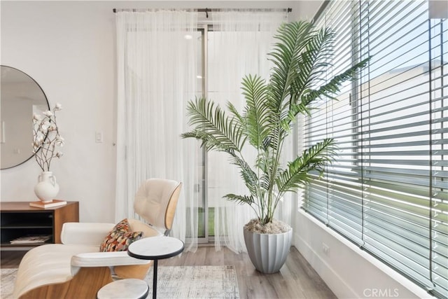 living area featuring plenty of natural light and light hardwood / wood-style flooring