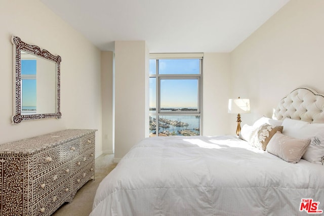 carpeted bedroom featuring a water view