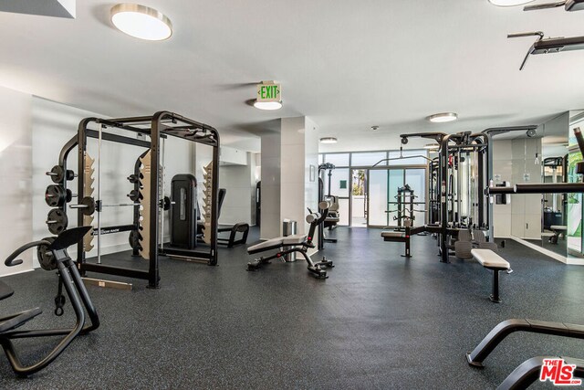 gym with a wall of windows