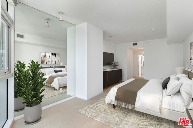 bedroom featuring rail lighting and light carpet