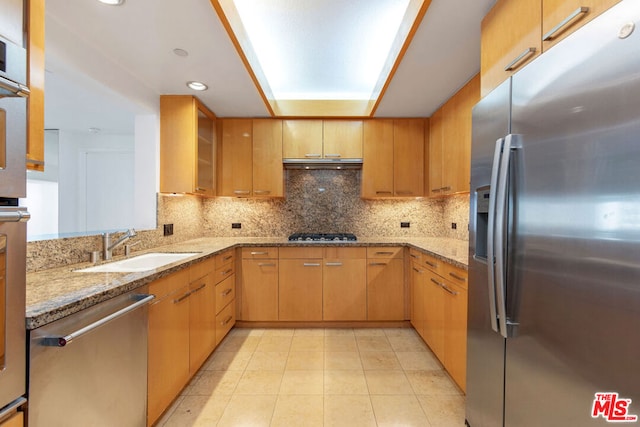 kitchen featuring light stone countertops, backsplash, appliances with stainless steel finishes, and sink