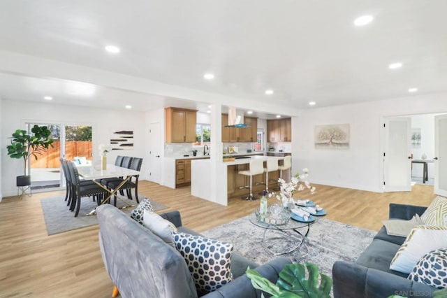 living room featuring sink and light hardwood / wood-style flooring