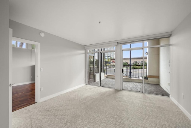 unfurnished room featuring carpet and a wall of windows