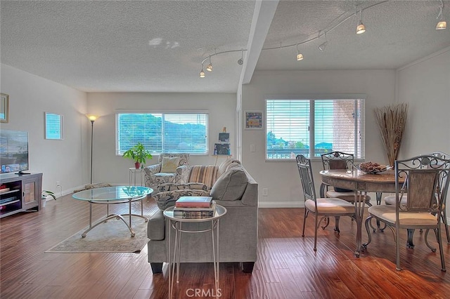 living room featuring a healthy amount of sunlight, dark hardwood / wood-style flooring, and a textured ceiling