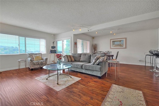 living room featuring dark wood-type flooring and a textured ceiling