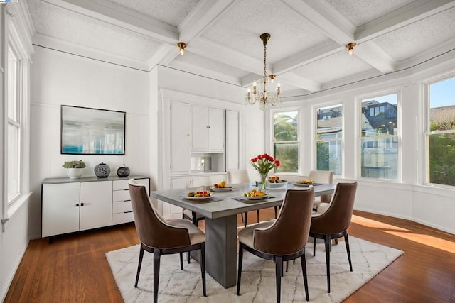 dining room featuring beam ceiling, coffered ceiling, and dark hardwood / wood-style floors