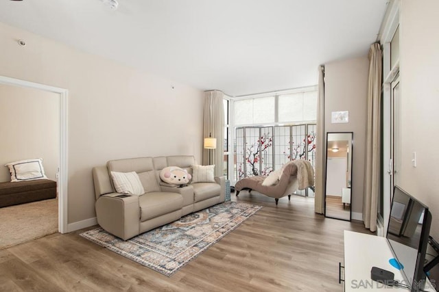 living room with floor to ceiling windows and light hardwood / wood-style floors