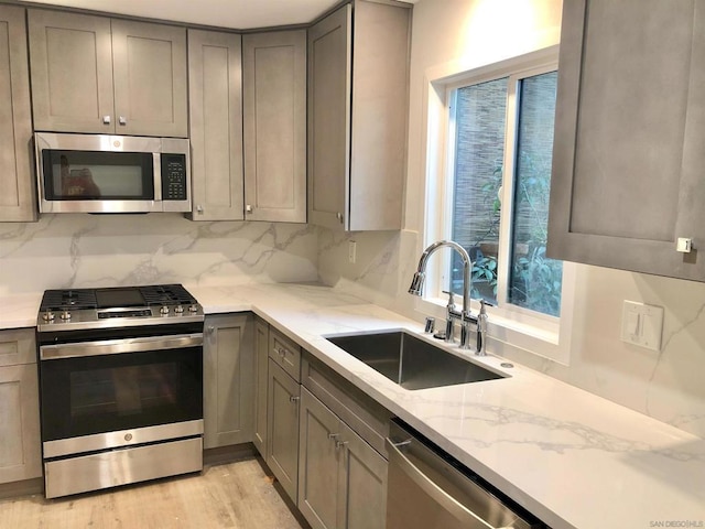 kitchen featuring backsplash, sink, appliances with stainless steel finishes, gray cabinetry, and light stone counters