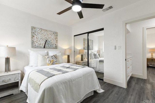 bedroom featuring dark wood-type flooring, a closet, and ceiling fan