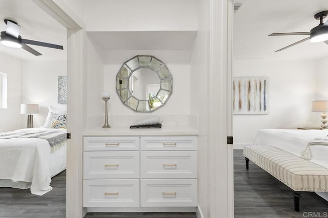 bedroom featuring ceiling fan, dark hardwood / wood-style flooring, and a closet