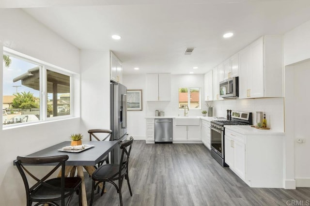 kitchen with backsplash, white cabinets, stainless steel appliances, and a healthy amount of sunlight