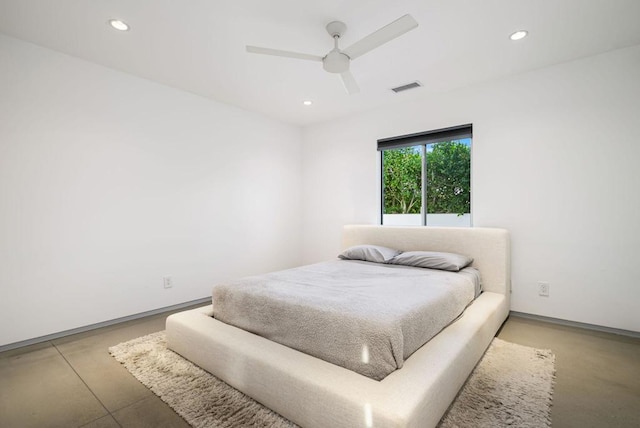 bedroom featuring concrete floors and ceiling fan