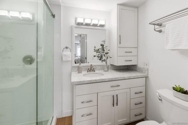 bathroom featuring an enclosed shower, vanity, and toilet