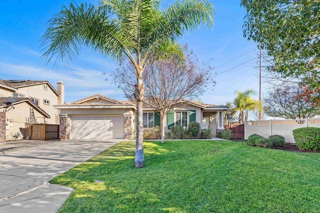 ranch-style house with a garage and a front yard