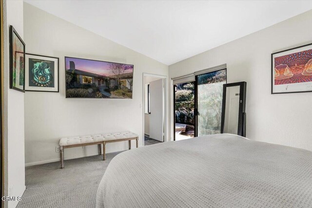 carpeted bedroom with lofted ceiling, access to exterior, and baseboards