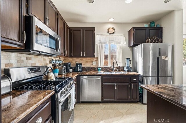 kitchen featuring dark stone countertops, decorative backsplash, sink, dark brown cabinetry, and appliances with stainless steel finishes