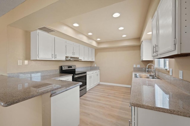 kitchen featuring stainless steel electric range, kitchen peninsula, sink, light wood-type flooring, and white cabinets