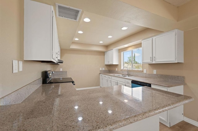 kitchen featuring white cabinets, range, sink, kitchen peninsula, and light stone counters