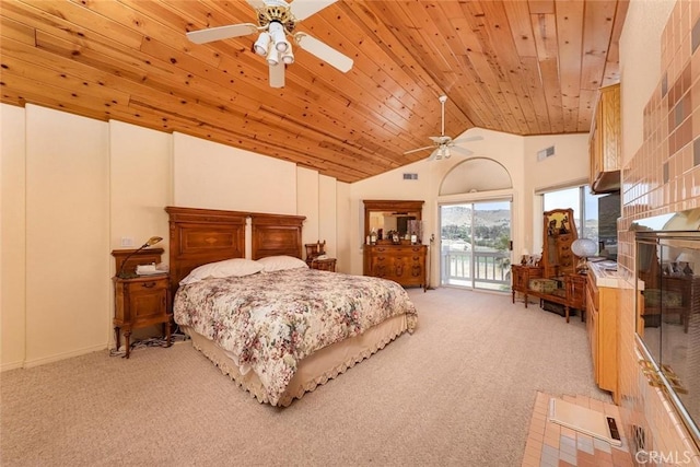 bedroom with wood ceiling, access to exterior, high vaulted ceiling, ceiling fan, and light colored carpet