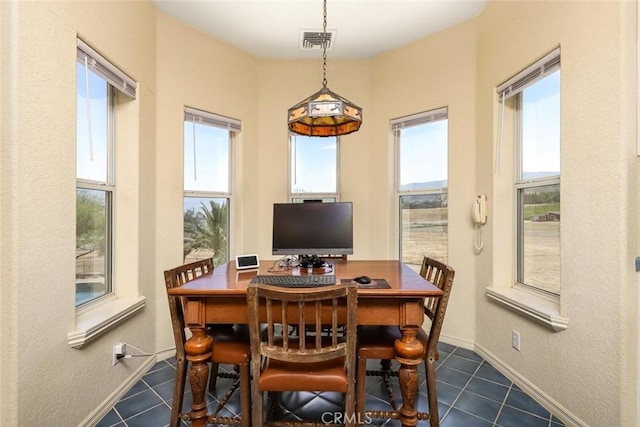 dining space with a wealth of natural light and dark tile patterned flooring