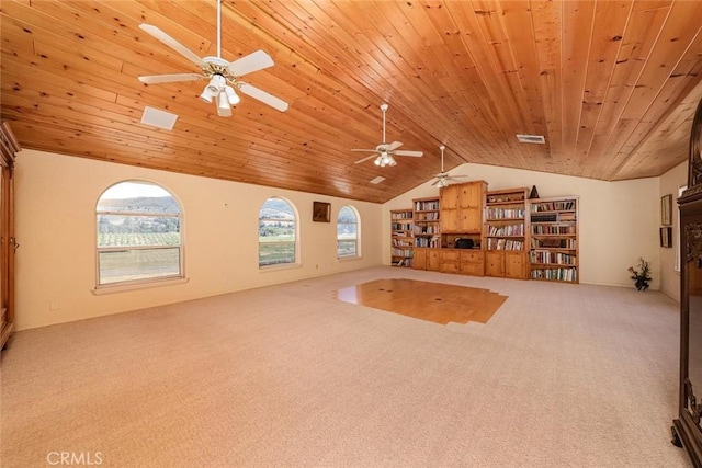 interior space with visible vents, a ceiling fan, lofted ceiling, wooden ceiling, and carpet floors