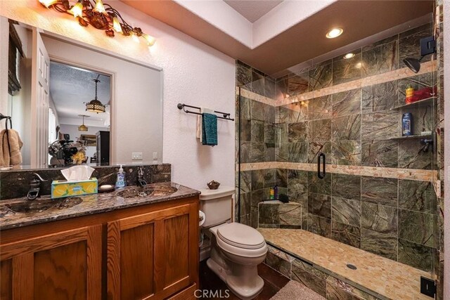 full bathroom featuring a shower stall, toilet, and vanity