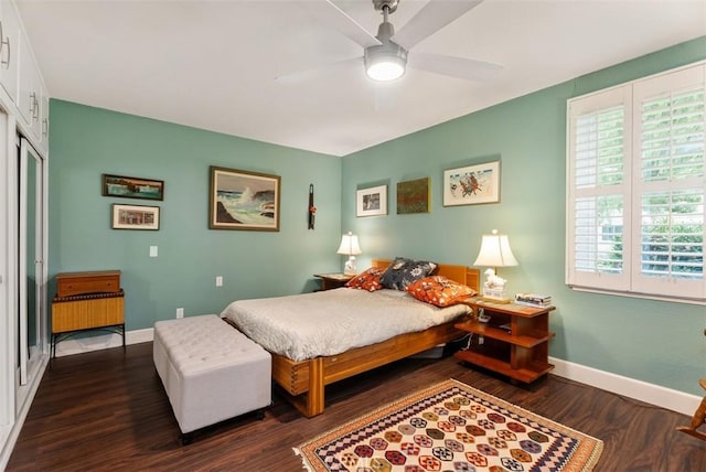 bedroom with ceiling fan, a closet, and dark hardwood / wood-style floors