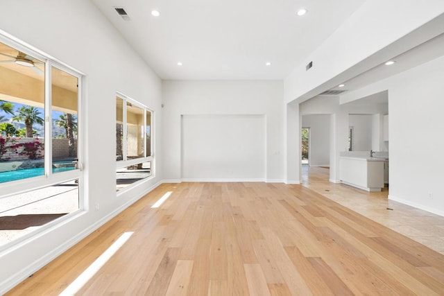 empty room with sink, a wealth of natural light, and light hardwood / wood-style flooring