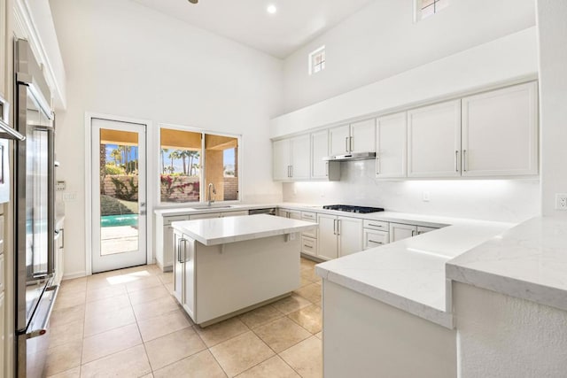 kitchen with sink, white cabinetry, kitchen peninsula, and gas cooktop