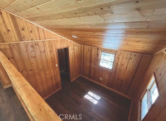 bonus room with dark wood-type flooring, wooden ceiling, lofted ceiling, and wooden walls