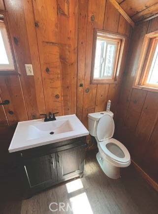 bathroom with a healthy amount of sunlight, wood ceiling, and wooden walls