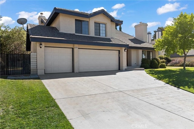 view of front property featuring a front lawn and a garage