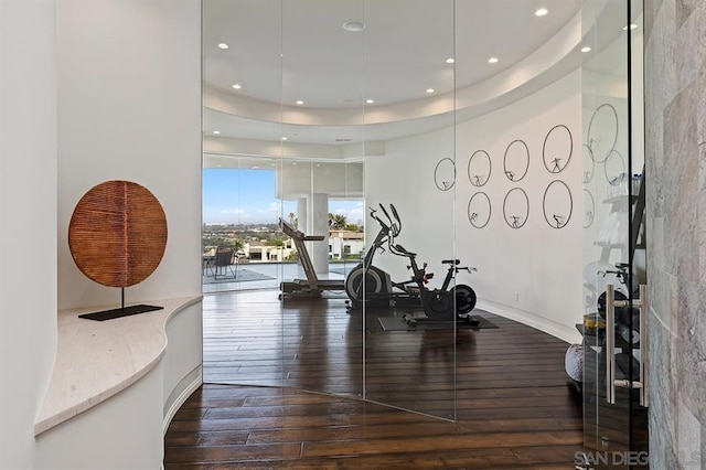 exercise area featuring dark hardwood / wood-style floors and a tray ceiling