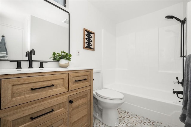 full bathroom with visible vents, toilet, vanity, and bathtub / shower combination